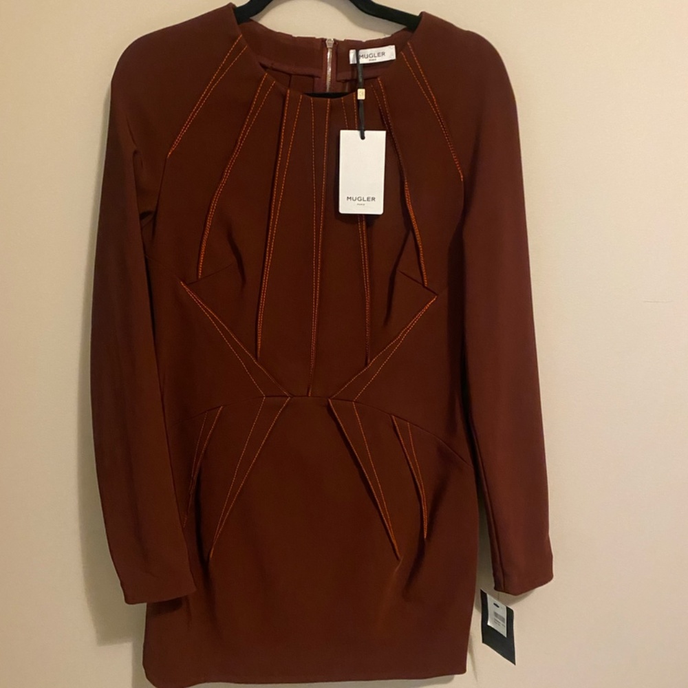 Mugler Burgundy Long-Sleeve Mini Dress
